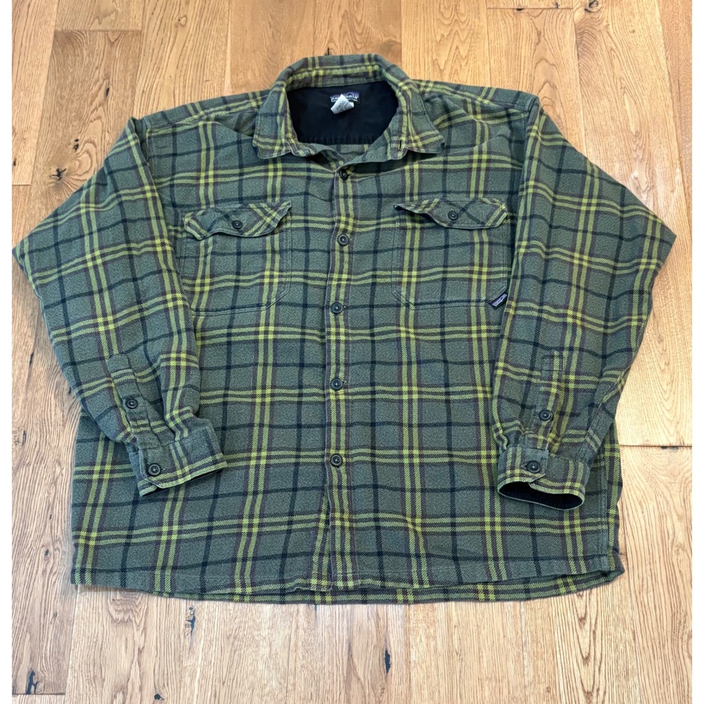Patagonia Mens Organic Cotton Flannel Shirt Green Yellow Plaid Large